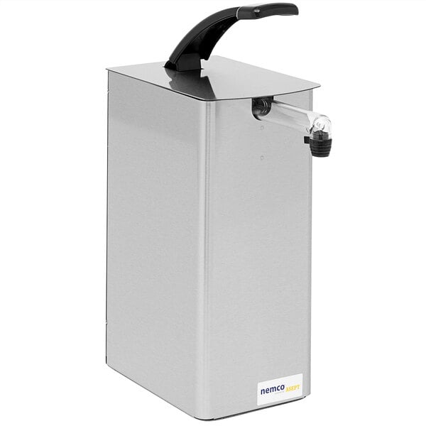 A stainless steel rectangular pump dispenser with a black handle.
