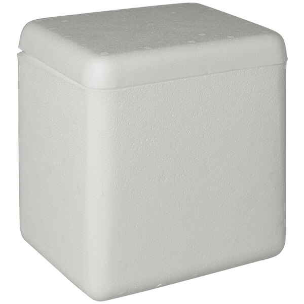A white foam cooler with a lid.