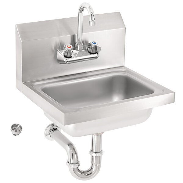 A Vollrath stainless steel wall mounted hand sink with strainer, splash guards, and gooseneck faucet.