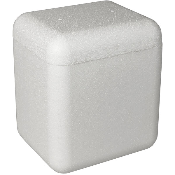 An insulated white foam cooler with a lid.