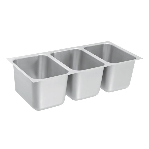 A row of three Vollrath stainless steel sink containers.