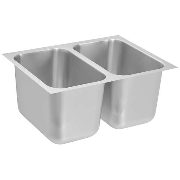 A silver stainless steel double sink with two compartments.