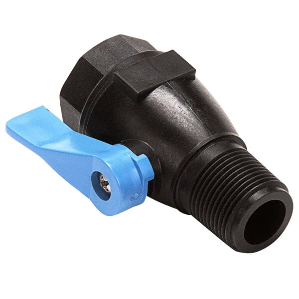 A black plastic Everpure water valve with a blue handle.