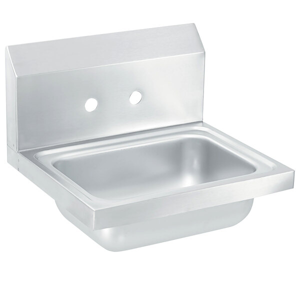 A close up of a silver Vollrath stainless steel wall mounted hand sink with two holes.