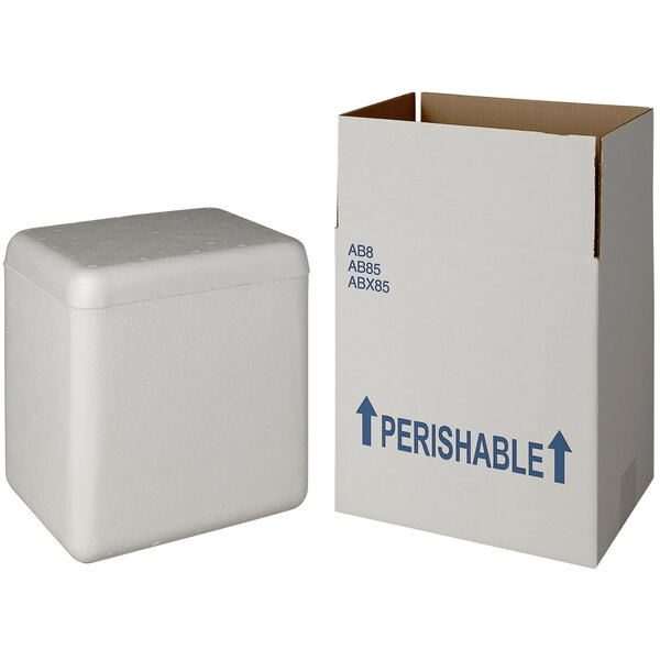 An insulated white shipping box with blue writing.