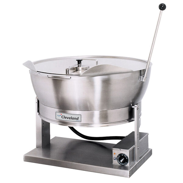 A silver Cleveland 15 gallon electric tilt skillet with a handle.