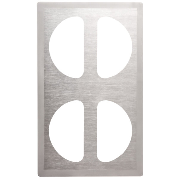 A silver rectangular stainless steel plate with oval cutouts.