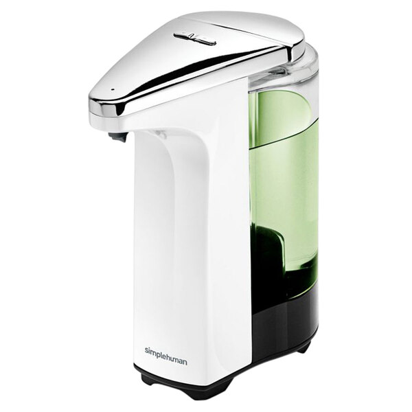 A white and green Simplehuman soap dispenser with a silver touchless sensor pump.