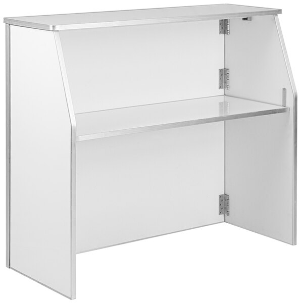 A Flash Furniture white laminate portable bar with two shelves.
