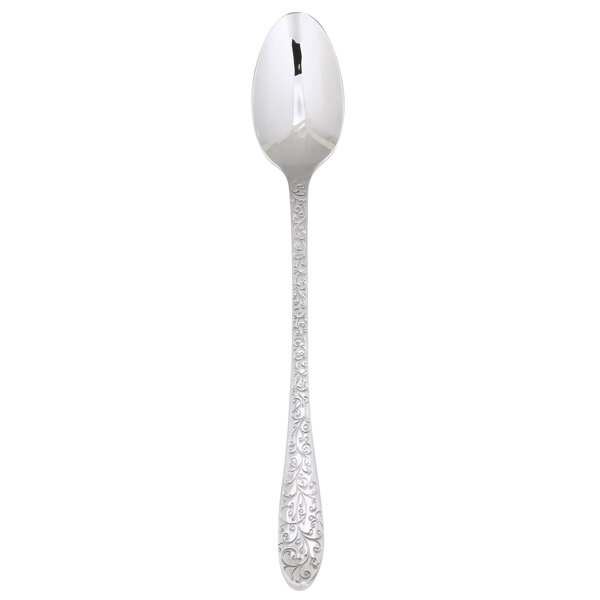 An Oneida Ivy Flourish stainless steel iced tea spoon with a design on the handle.