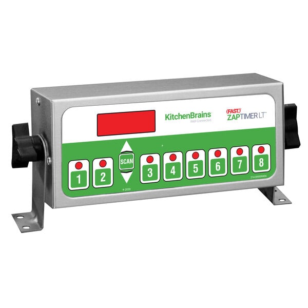 A Kitchen Brains ZAP Timer LT digital control panel with green and red numbers and buttons.