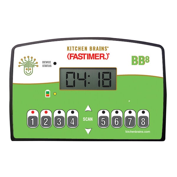 A green and white digital Kitchen Brains BB8 digital timer display.