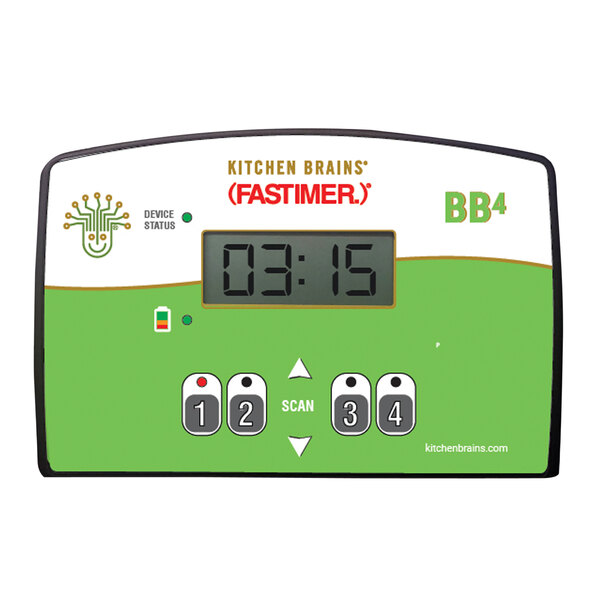 A green and white Kitchen Brains digital timer with numbers and symbols.