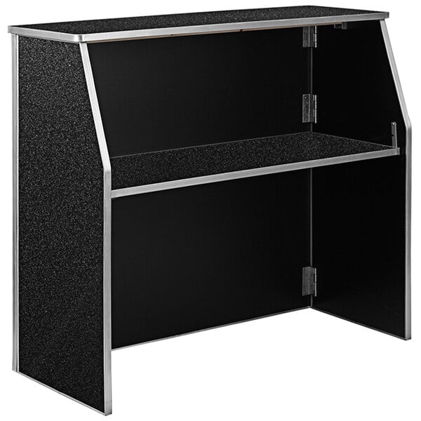 A black portable bar with a silver top and shelves.