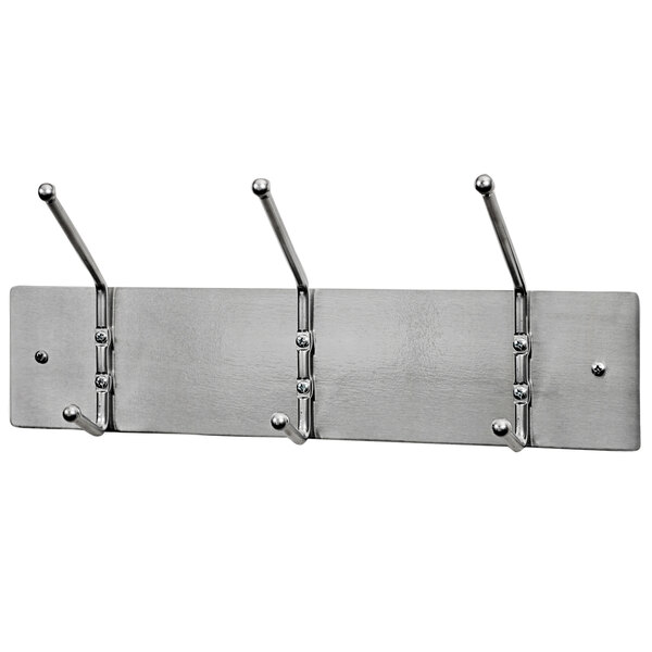A satin aluminum Ex-Cell Kaiser wall mounted coat rack with 3 double hooks.