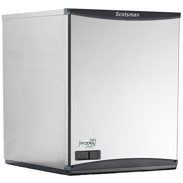 A white rectangular Scotsman water cooled ice machine with black trim.