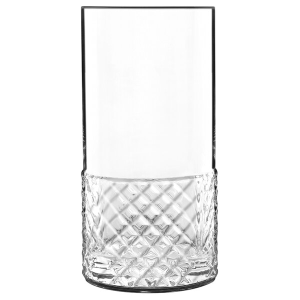 A close up of a Luigi Bormioli Roma beverage glass with a diamond pattern.
