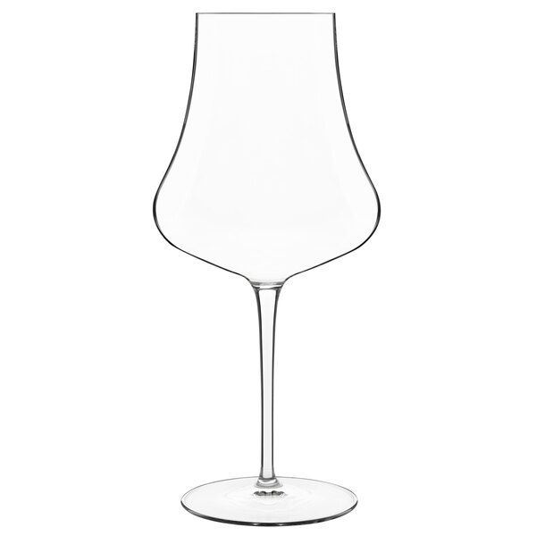 A Luigi Bormioli clear wine glass with a long stem.