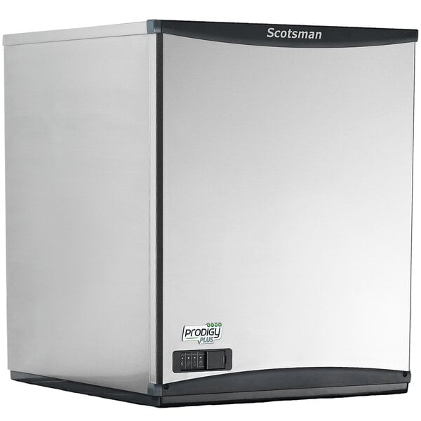A white and black rectangular Scotsman Low Side Prodigy Plus remote condenser ice machine with a black handle.