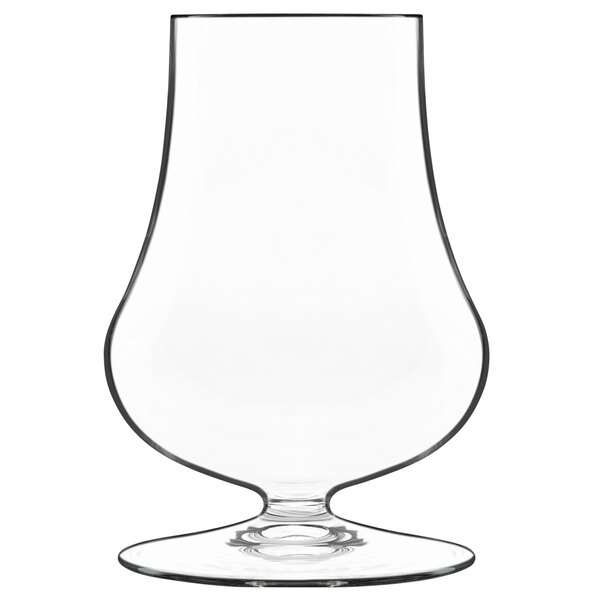 A clear Luigi Bormioli whiskey tasting glass with a stem and curved edge.