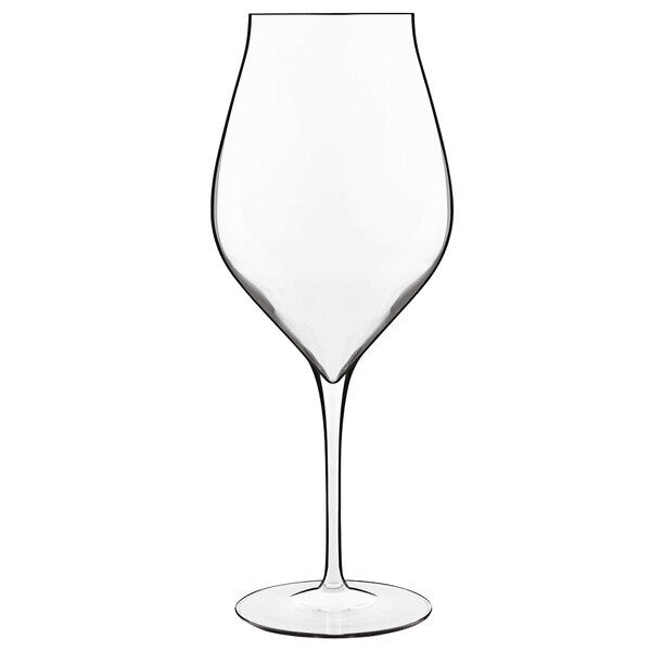 A close-up of a Luigi Bormioli Vinea red wine glass with a clear stem.