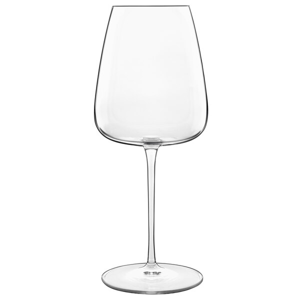 A close-up of a Luigi Bormioli clear wine glass with a stem.