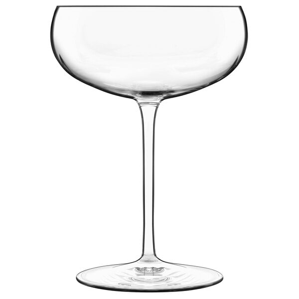 A Luigi Bormioli champagne coupe glass with a long stem.