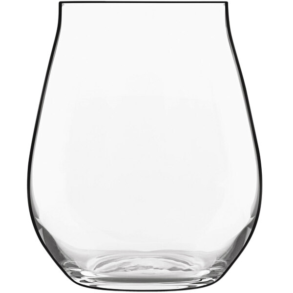 A Luigi Bormioli stemless white wine glass with a black rim.