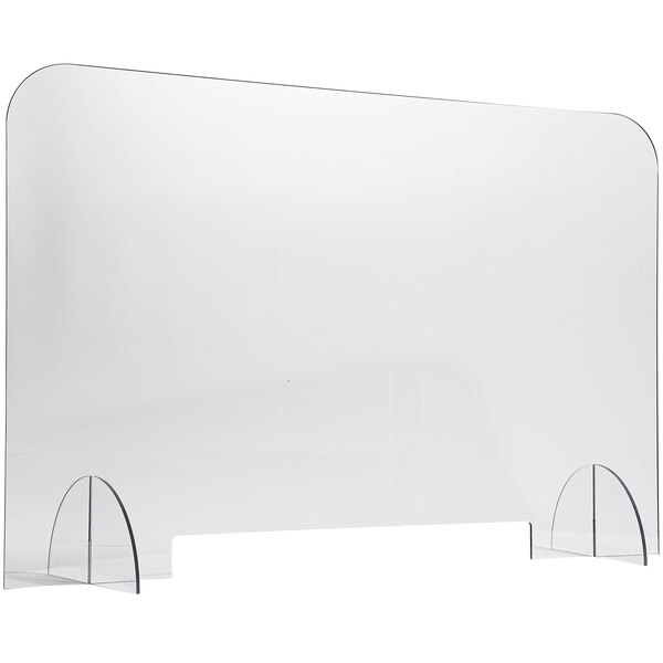 A clear rectangular acrylic screen with curved edges and two legs.