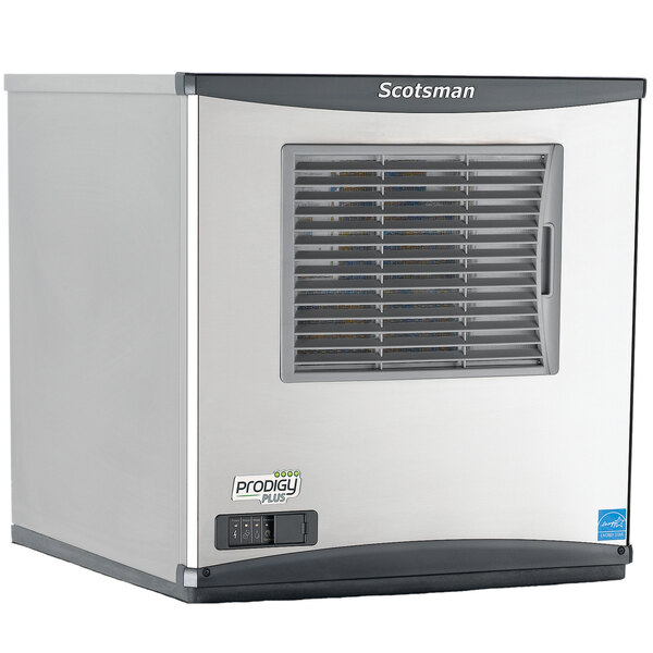 A silver rectangular Scotsman Prodigy Plus air cooled ice machine with a vent.