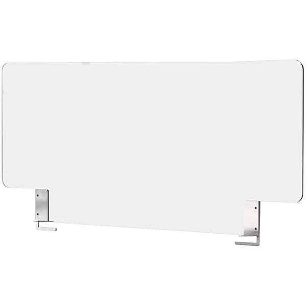 A white rectangular table divider with metal brackets.