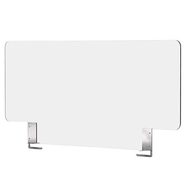 A white screen with metal legs.