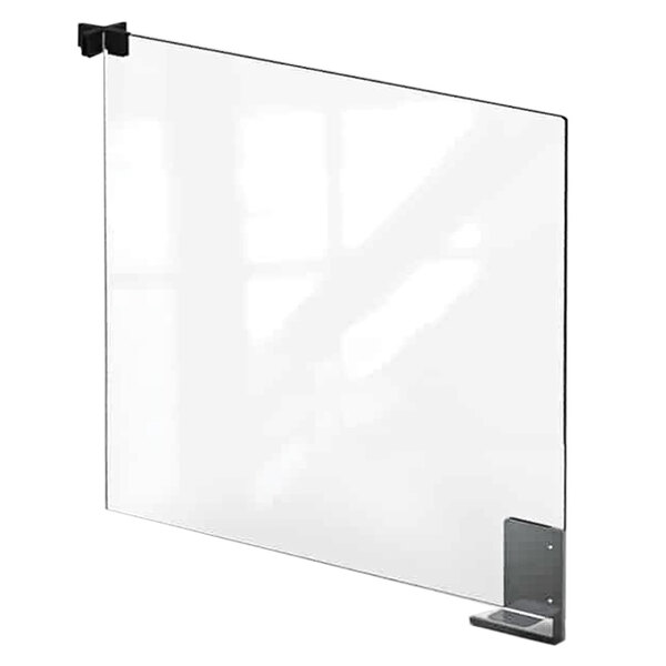 A clear glass panel with black metal brackets.