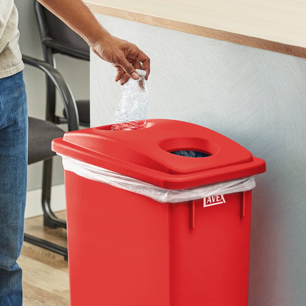 Lavex Red Slim Rectangular Recycling Trash Can Bottle / Can Lid