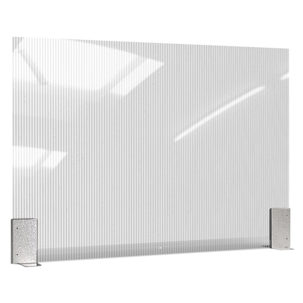 A clear plastic panel with silver metal brackets.
