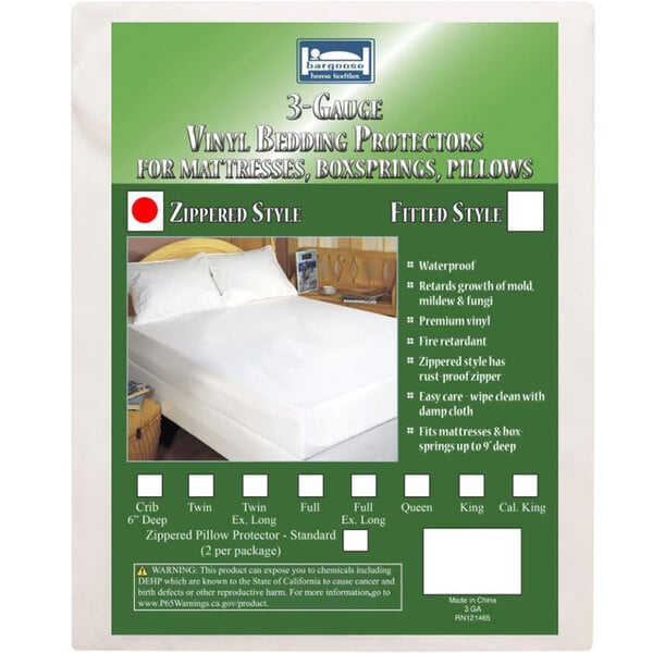 A white Bargoose zippered vinyl mattress cover on an XL Twin bed.