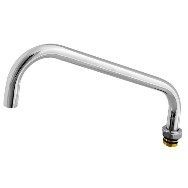 A silver T&S faucet nozzle with a yellow and black valve.