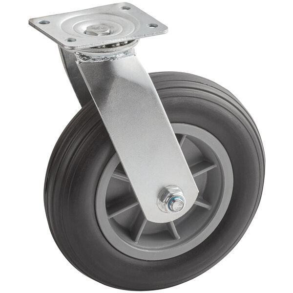 A metal castor with a black rubber wheel and a metal plate.