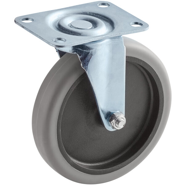 A Lavex swivel caster with a black wheel and metal plate.