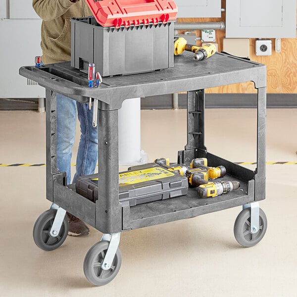 Lavex Large Gray 2-Shelf Utility Cart with Flat Top, Built-In Tool Compartment, and Oversized Wheels