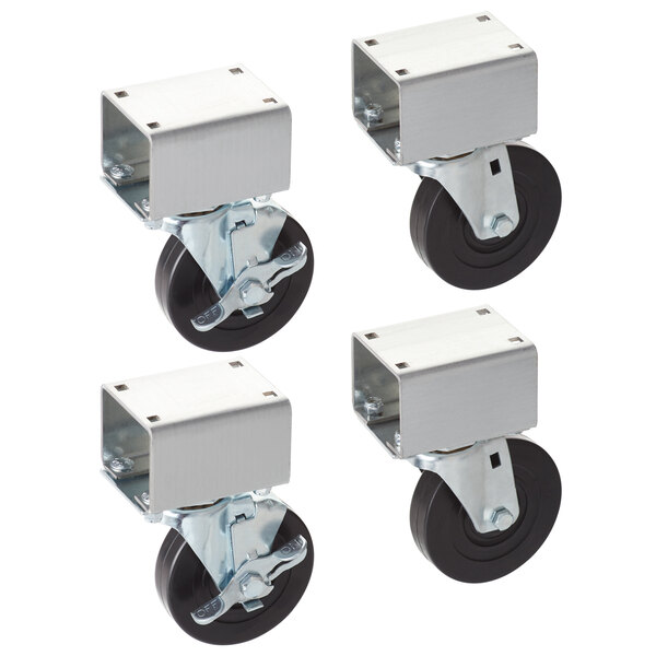 Four Vollrath swivel plate casters with black rubber wheels.