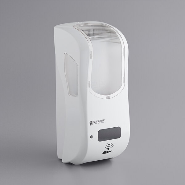 A white San Jamar Summit Rely hand soap and sanitizer dispenser with a clear window.
