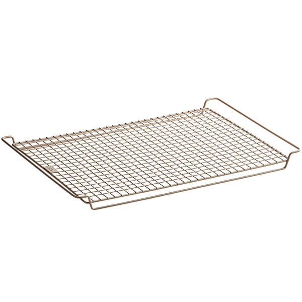 An OXO wire cooling rack with a grid and handles.