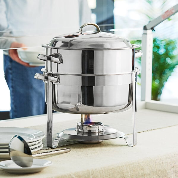 A Choice stainless steel soup chafer with chrome accents.