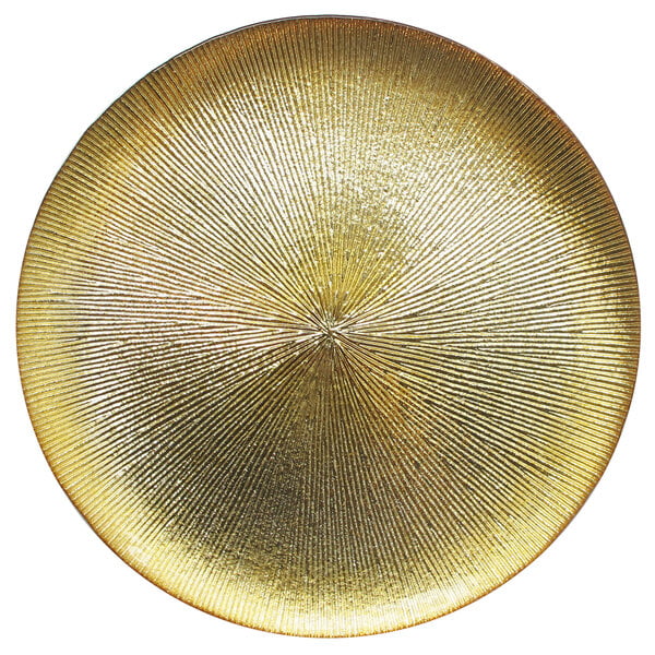 An American Atelier Oriana gold glass charger plate with a circular pattern.