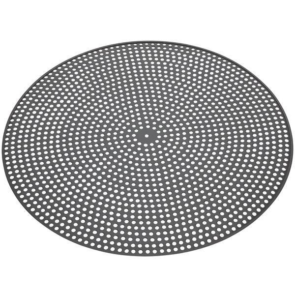 An American Metalcraft hard coat anodized aluminum circular pizza disk with perforations.