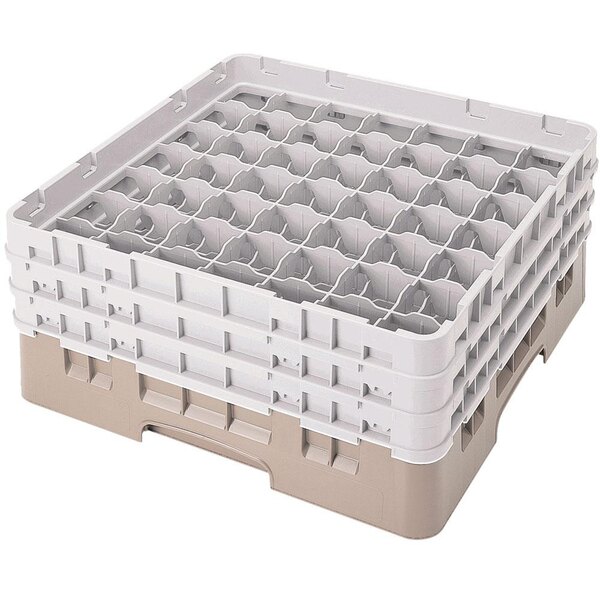 A beige plastic Cambro glass rack with several compartments.