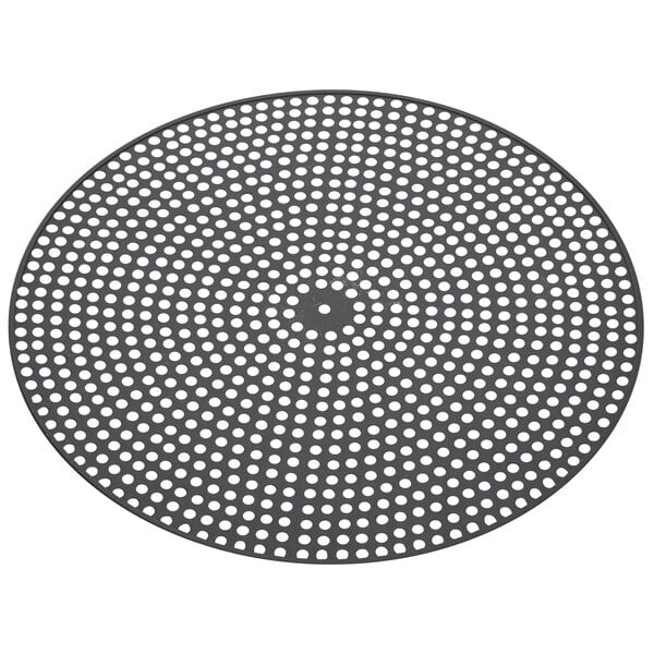 An American Metalcraft hard coat anodized black metal circular pizza disk with white perforations.