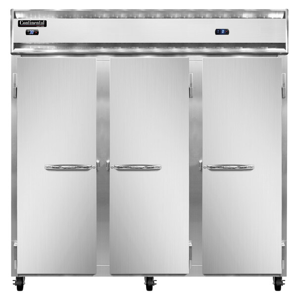A Continental Refrigerator dual temperature reach-in refrigerator/freezer with stainless steel doors.
