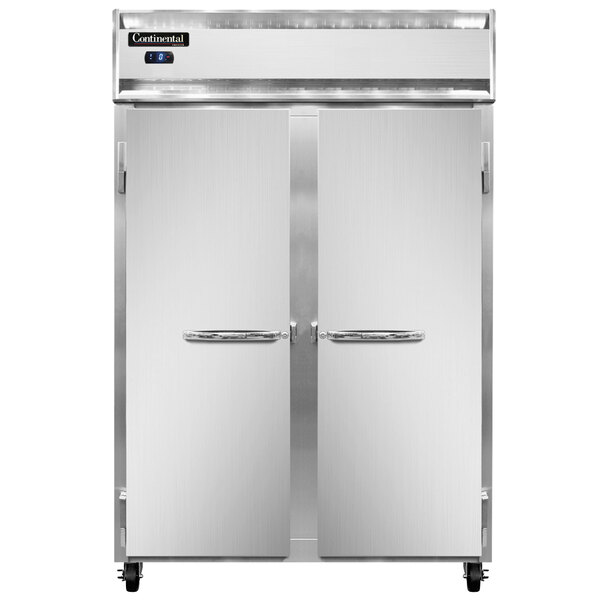 A large Continental Refrigerator reach-in freezer with two solid doors with handles.